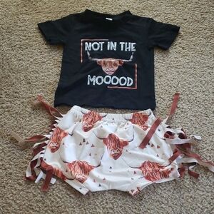 90 Black and White Baby Girl Matching Set Outfit Cow Fringe Shirt Shorts